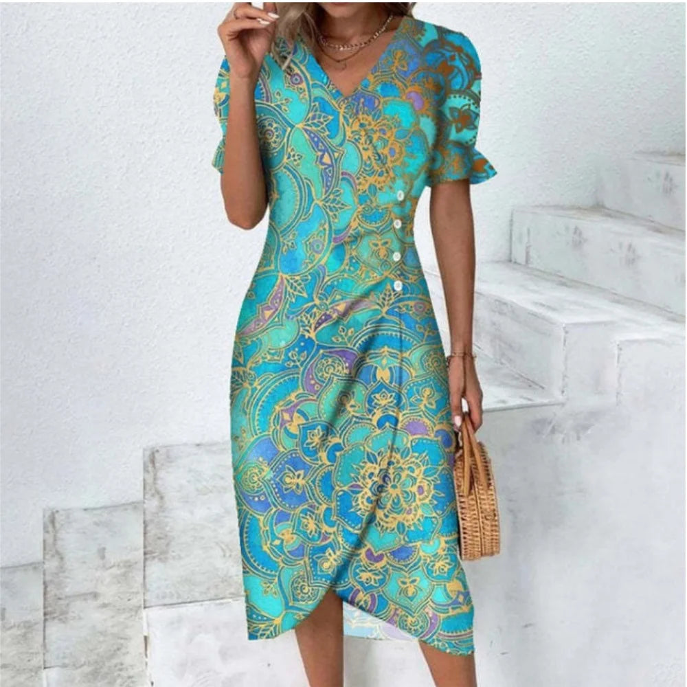 Elegant Ladies Midi Dress Geometric Button Split Dress Платья Vestidos Medievales Para Mujer De Verano Elbiseler Jurken Dames