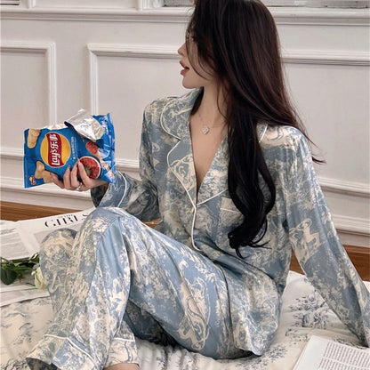 2025 Autumn New Ice Silk Women Pajama Lapel Button Cardigan Outfits for Women 2 Piece Set Fashion Printing Set Clothes for Women