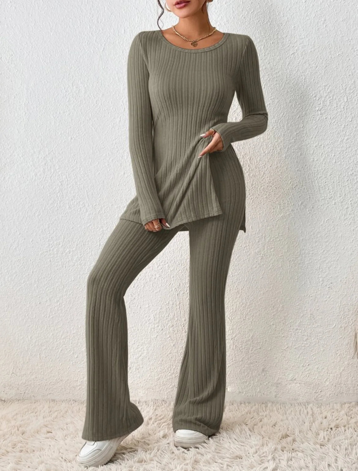 Autumn Winter Women's Clothing New Style Solid Color Sexy Casual Long Sleeved Round Neck Slit Fashion Temperament Two-piece Set