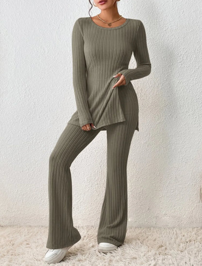 Autumn Winter Women's Clothing New Style Solid Color Sexy Casual Long Sleeved Round Neck Slit Fashion Temperament Two-piece Set