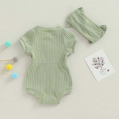 Newborn Baby Girl Clothes Solid Color Ribbed Knit Short Sleeve Romper Bodysuit Jumpsuit with Headband Summer Outfit