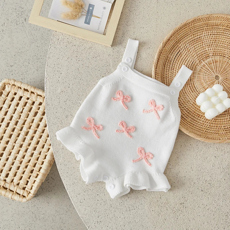 Suefunskry Baby Girl Overalls, Sleeveless Bows Pattern Knit Romper Bodysuit Spring Fall Clothes for Casual Daily
