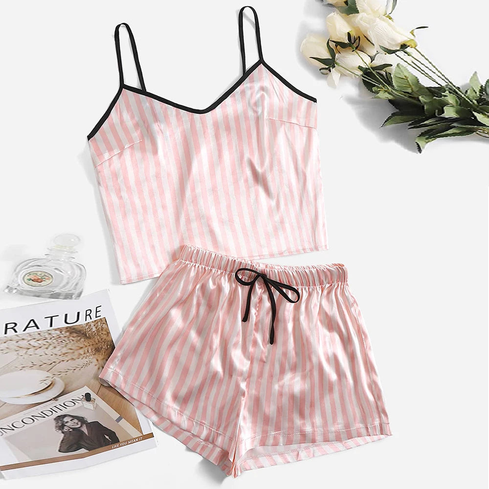 Women's Sexy Summer Pajama Sets Cartoon Pattern Pajamas Strap Sleeveless Satin Set Sleepwear Female Pajamas Nightwear Home Suit
