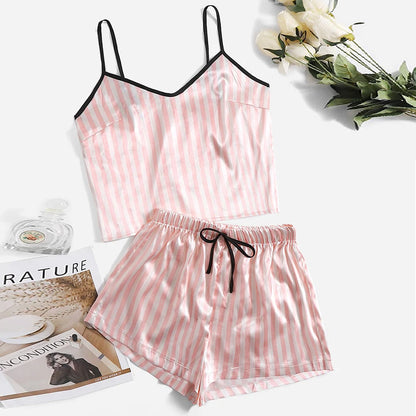 Women's Sexy Summer Pajama Sets Cartoon Pattern Pajamas Strap Sleeveless Satin Set Sleepwear Female Pajamas Nightwear Home Suit