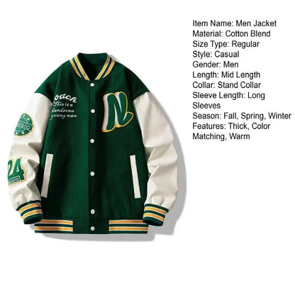 Men Baseball Jacket Men's Stand Collar Striped Letter Pattern Cardigan Baseball Coat with Pockets Loose Long Sleeve Thick