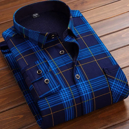 2025 Men's Autumn Winter Casual Fleece Plaid Shirt Fashion Soft Warm Turn Down Collar Long Sleeve Shirt Male High-Quality Tops
