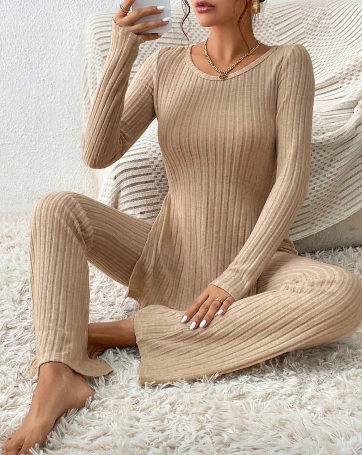 Autumn Winter Women's Clothing New Style Solid Color Sexy Casual Long Sleeved Round Neck Slit Fashion Temperament Two-piece Set
