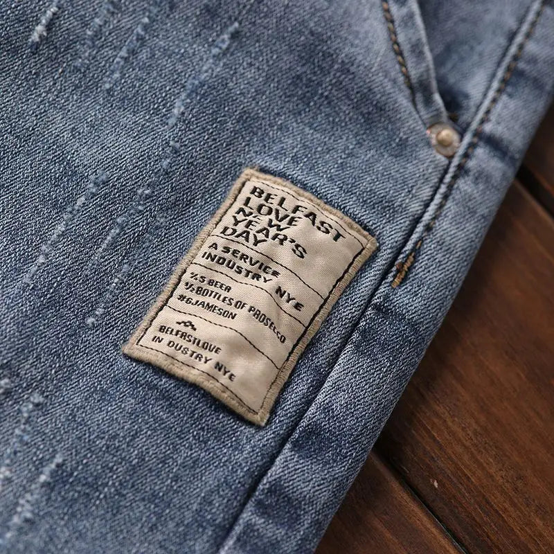 Korean Style Clothes Men's Denim Jeans with Elastic Waistband Drawstring for Washed Autumn Casual Stretch Jeans Male