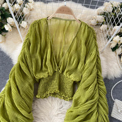 Women Sexy Chiffon Short Blouse Female See Through Super Long Sleeve Purple/Green/Black/White Folds Party Tops 2025 New