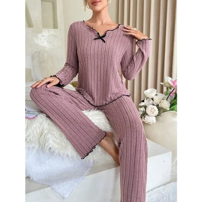 Women Autumn Winter Sleepwear Ribbed Pajamas Set Long Sleeve Top and Long Pants 2 Piece Set Casual Home wear Loungewear