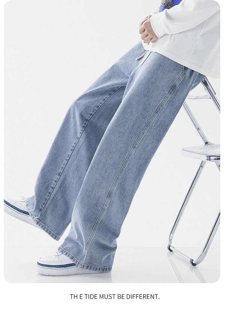 Spring Men Baggy Washed Jeans Drawstring Wide Leg Cargo Denim Pants Fashion Casual Trousers Male Designer Clothing Blue Black