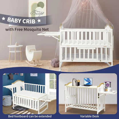 Portable Mini Baby Crib, 4-in-1 Modern Design with Foldable Storage Shelf & Mattress Included, Small Wood Convertible Crib,