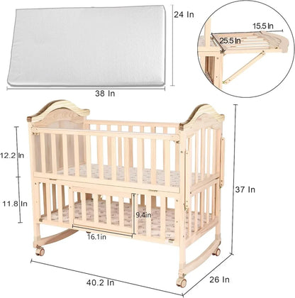 Mini Baby Crib 4 in 1 Convertible with Memory Foam Mattress(38"by 24") Included, Cunas para Babes 2024 Natural Wood Portable Crib