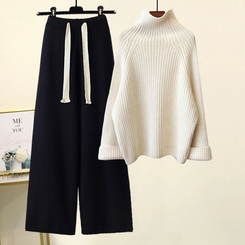 Winter Warm Knit wears Sets For Women Turtleneck Long Sleeve Pullover Sweater+ high Waist Wide Leg Drawstring Knitted Pants Sets