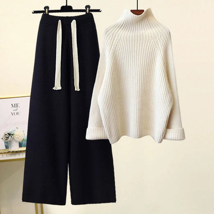 Winter Warm Knit wears Sets For Women Turtleneck Long Sleeve Pullover Sweater+ high Waist Wide Leg Drawstring Knitted Pants Sets