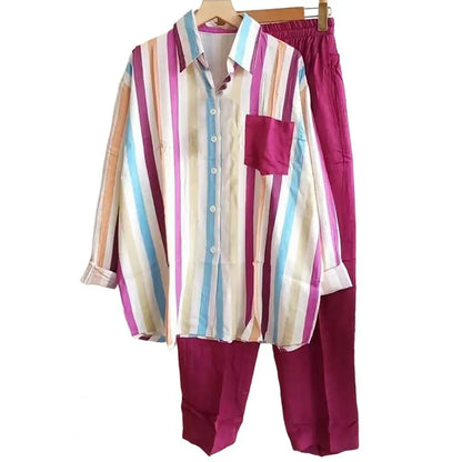 2Pcs/Set Women Outfit Shirt Pants Set Casual Elastic Waist Breathable Stripes Blouse Pants Suits Spring Summer Women Set