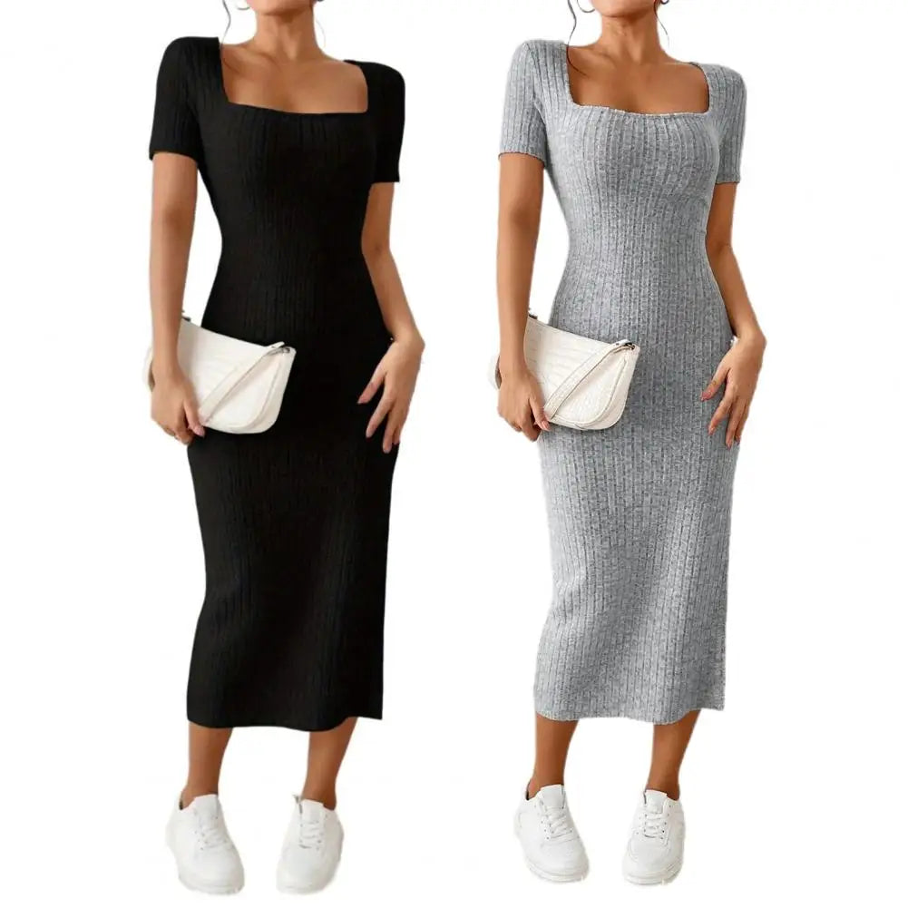 Women Summer Dress Split Hem Knitted Elastic Mid-calf Length Knitted Slit Dress Lady Party Commute Casual Ins Style Midi Dress