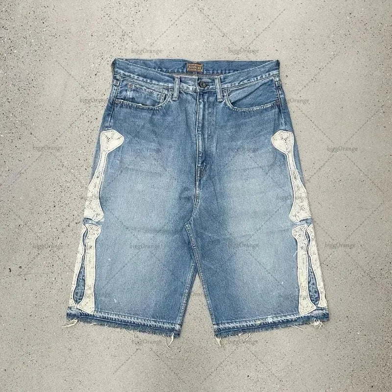 2025 European and American Summer Retro Skeleton Denim Shorts Sports Casual Shorts New Couple Wear Street Wear Five-Fifth Pants