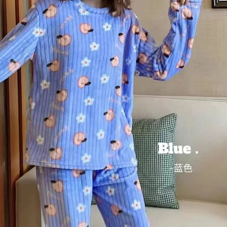 2025 Autumn Winter Warm Flannel Women Pijamas Sets Thick Coral Velvet Long Sleeve Cartoon Sleepwear Thin Flannel Pajamas Set