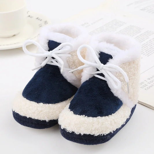 Korean Style Patchwork Plush Baby Shoes - Soft Sole, Cotton Padded, Lace-up Snow Boots for Adorable Boys and Girls 0-18M