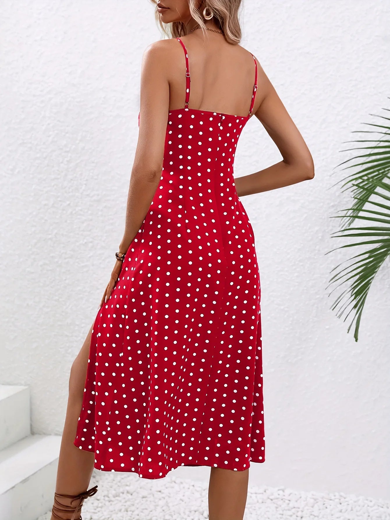 2025 Summer Sexy Spaghetti Straps Dress Women Fashion Polka Dot Print Sleeveless Slit Dress Boho Casual Beach Midi Dresses