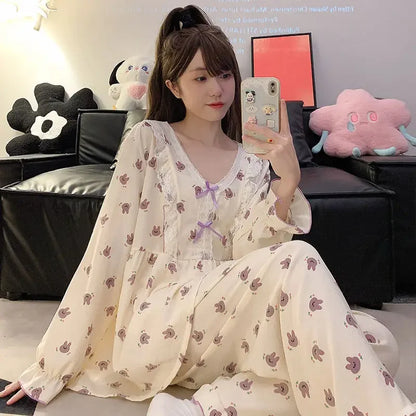 5XL Plus Size Pajama Set Women Lace Sweet Home Clothes Spring Autumn Long Sleeve Tops Trousers Loose-fit Comfortable Loungewear