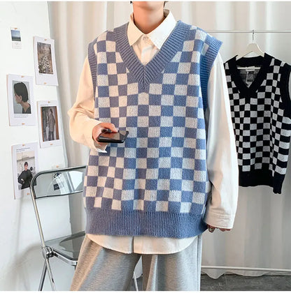 Men Knitted V Neck Japanese Vintage Loose Sleeveless Plaid Vests Chic Pullovers Chaleco Hombre Blue Checkerboard Sweater Vest