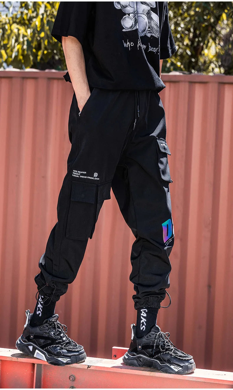 Thin Streetwear Casual Pants Men Ribbons Harem Jogging Pants Male Slim Fit Spring Cargo Pants Multi-Pockets Women Trouser
