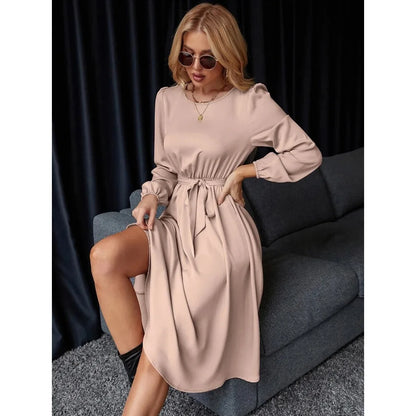 Summer Women's New Fashion Lantern Sleeves Keyhole Back Lace Up Waist Satin Round Neck Long Sleeve Medium Length Dress