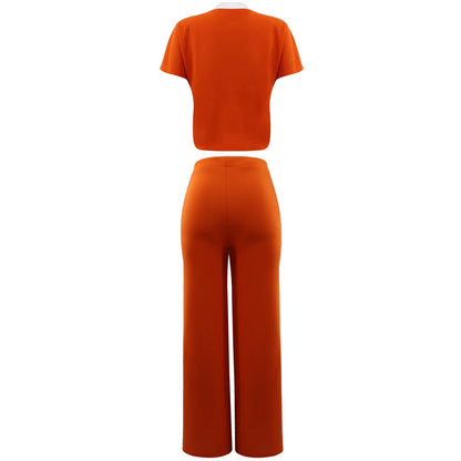 Elegant Women's Casual Short Sleeve T-shirt Sports Suit Summer Fashion Solid V Neck Short Top & Straight Pants Two Piece Sets