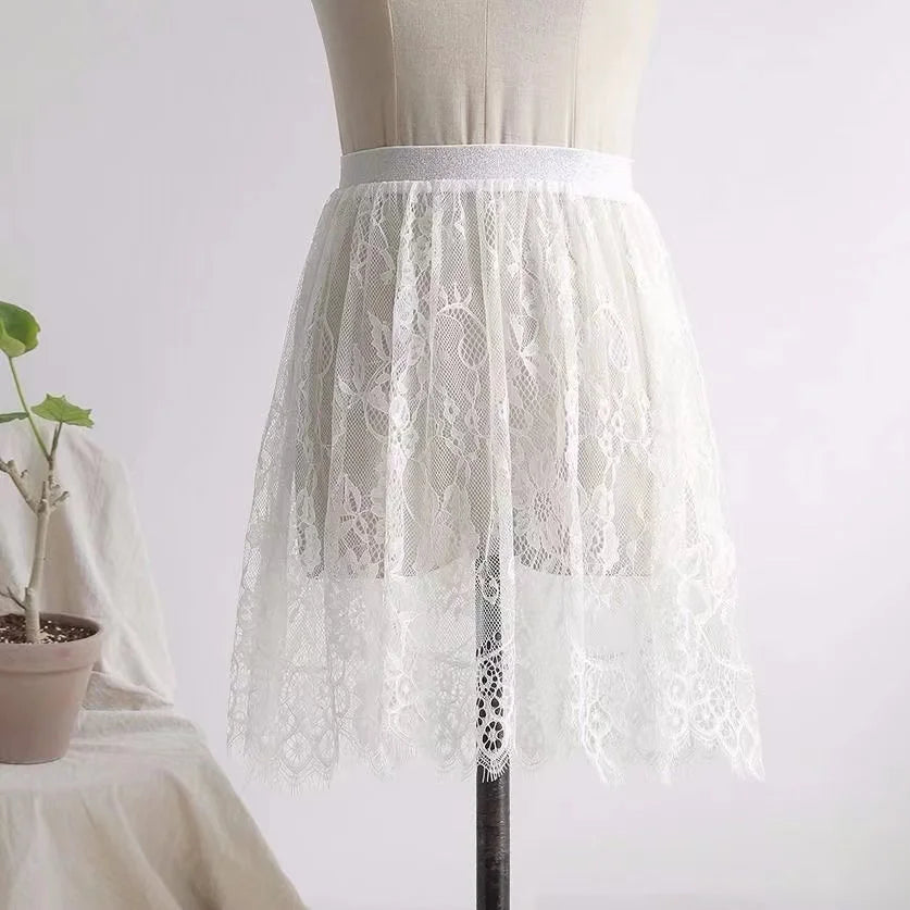 2 Length Elegant Black Skirt White Lace Transparent Long Tulle Skirt Ladies Elastic High Waist Beach Midi Skirt Drop shipping