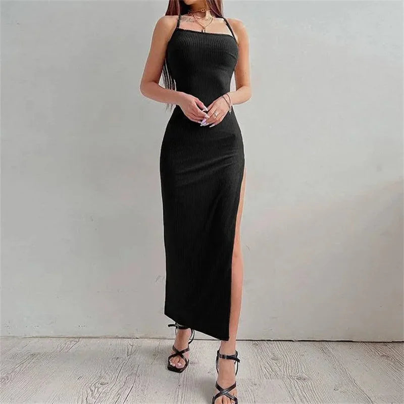 Sexy Black Long Bodycon Dress Women Summer Sleeveless Backless Halter Neck Spaghetti Strap Dresses High Split Vespids