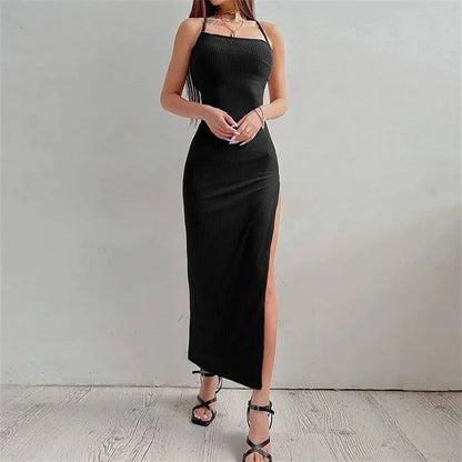 Sexy Black Long Bodycon Dress Women Summer Sleeveless Backless Halter Neck Spaghetti Strap Dresses High Split Vespids