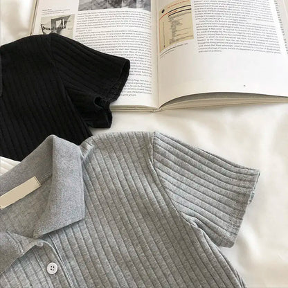 Women Knit School Polo Neck Cropped Shirt Summer Short Sleeve Youthful Solid Color Crop Top Female Basic Blouse Lady Pullover