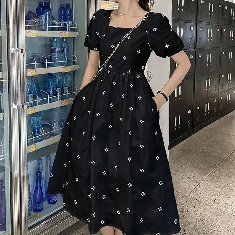 Elegant Women Midi Dress Korean Style Floral Print Square Collar Casual Black Dresses