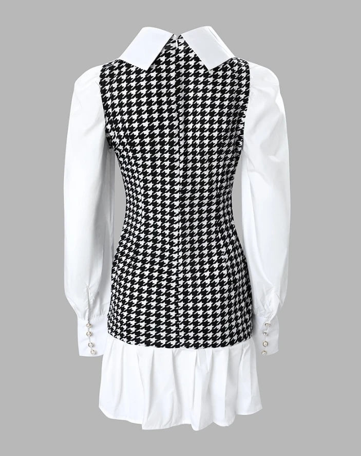 Women's Dresses 2025 Spring Fashion Houndstooth Button Decor Puff Sleeve Ruffle Hem Elegant Turn-Down Collar Daily A Line Dress