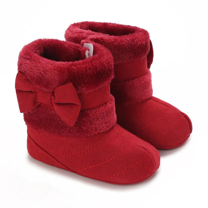 Baby Girl Boots Cute Bowknot Crib Shoes Infant Winter Warm Plush Boots First Walker Shoes with Non-Skid Soles