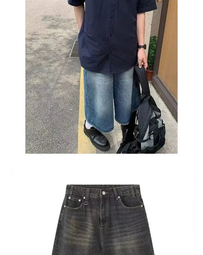 Men Women Y2k Style Baggy Denim Shorts Wide Leg Short Pants Fashion High Waisted Dark Wash Knee Length Loose Unisex Jeans Casual
