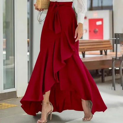 Spring Autumn Women Long Skirt High Waist Lace-up Ruffle Trim Plaid Print Bow Tie Irregular Hem Maxi Skirt Female 2025 New
