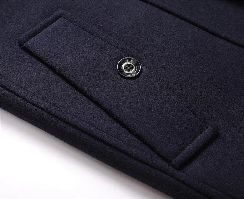 Winter Men's Woolen Coats Fashion Thicken Mid Length Trench Solid Turn Down Collar Warm Outerwear Business Casual Wool Coat Men