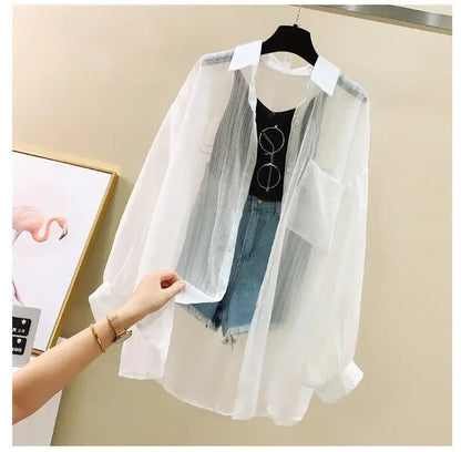Shirts Women Sheer Thin Chic Summer Simple Solid Sun-proof Temper Fashion Baggy All-match Basic Korean Style Clothes