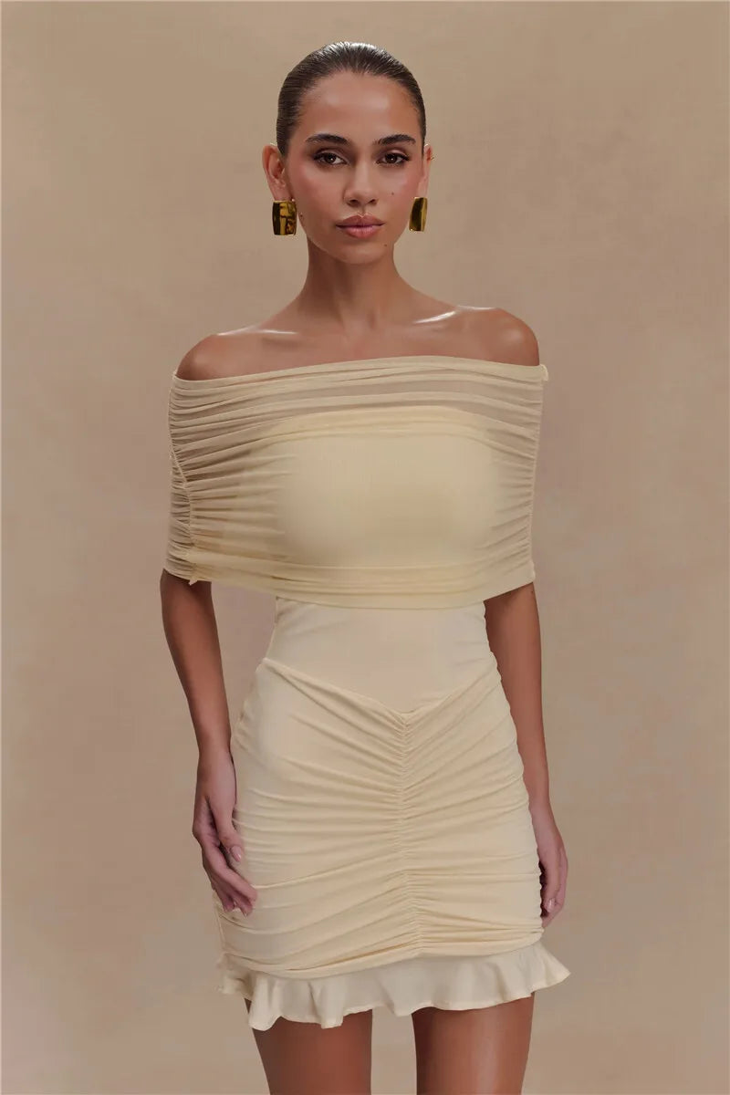 Mozision Mesh Strapless Off-shoulder Sexy Ruffled Mini Dress For Women Fashion Backless High Waist Female Ruched Party Dress