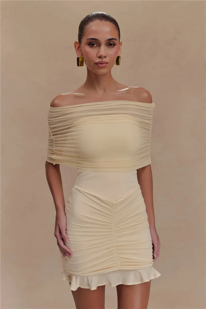 Mozision Mesh Strapless Off-shoulder Sexy Ruffled Mini Dress For Women Fashion Backless High Waist Female Ruched Party Dress