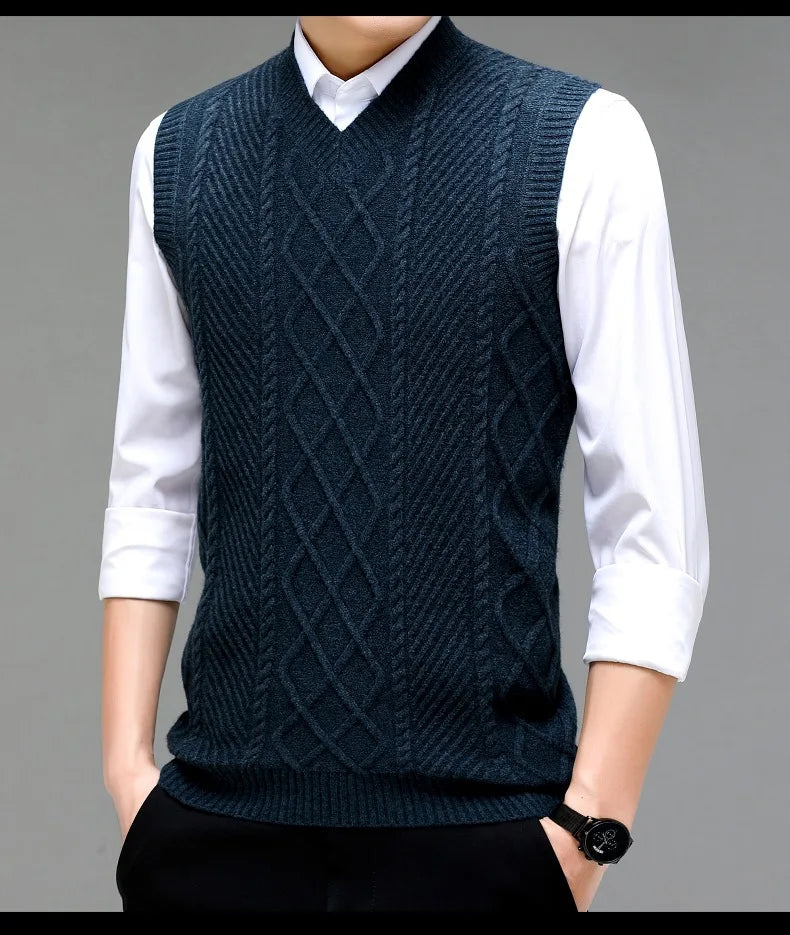 Stylish V-neck Jacquard Knit Sleeveless Sweater Vest for Men Middle-aged Men Fashion Solid Color Warm Top