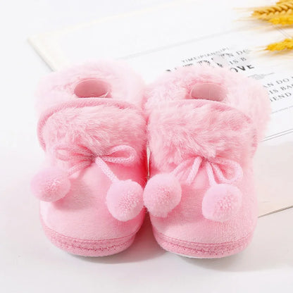 Winter Snow Baby Boots Faux Fur Warm Fluff Balls Indoor Cotton Soft Sole Infant Newborn Toddler Baby Shoes 0-18M