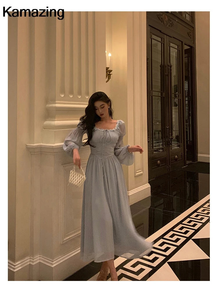 Elegant Square Collar Lace Dress Princess Evening Party Midi Dresses Women Autumn High Waist A-line Prom Robe One Piece Vestidos