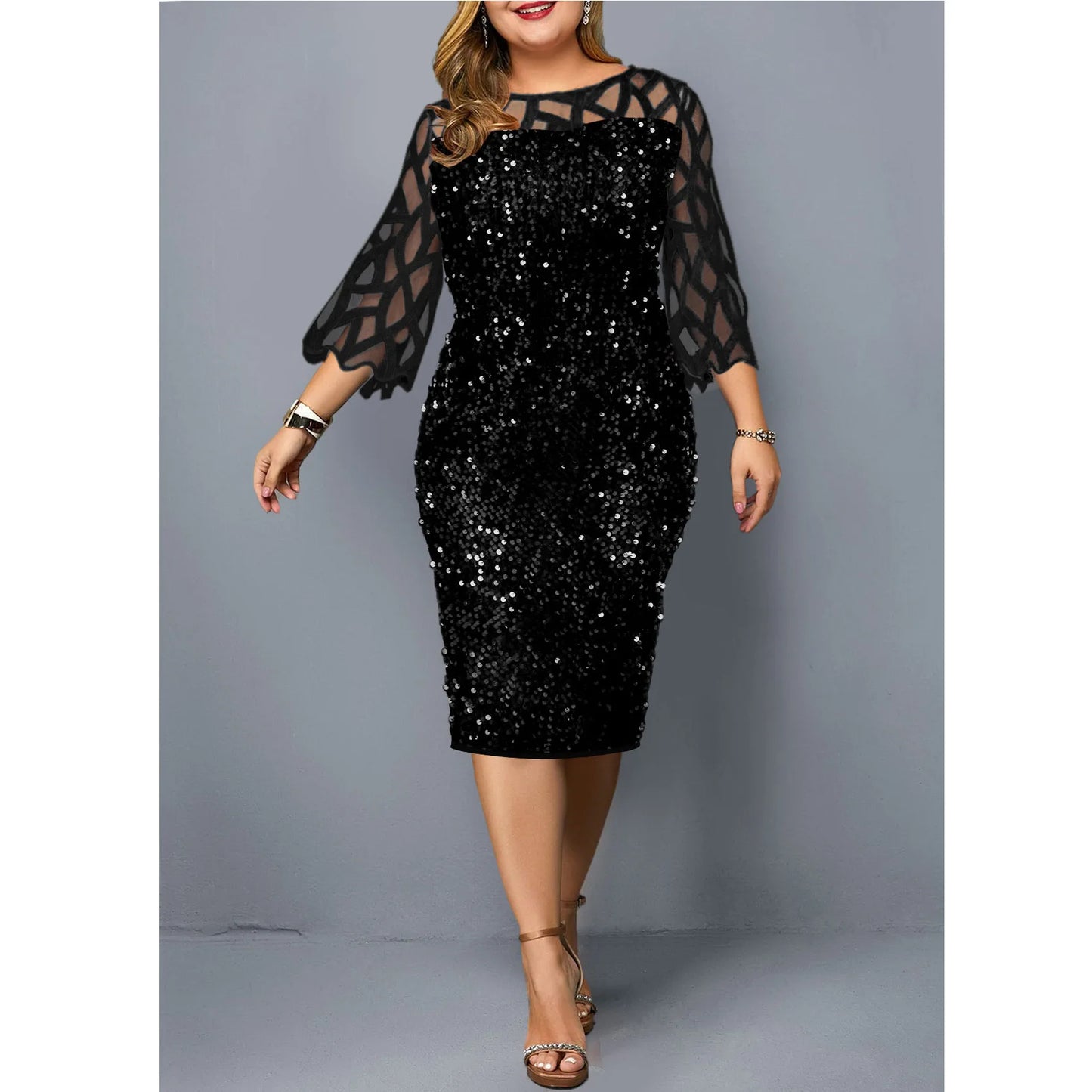 Elegant Sequin Plus Size 4XL 5XL Women Midi Dress Sexy Casual Evening Party Dress Gown Wedding Luxury Robe Rouge Vestidos