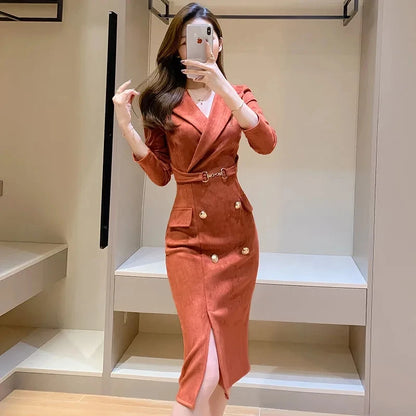 Office Lady Sexy Slim Blazer Dress Women Spring Korean Notched Collar Split Evening Party Dresses Elegant Midi Vestido De Fiest