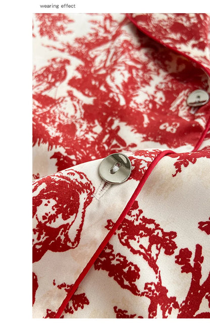 Fashion Print Flower 2PCS Pajamas Set Women Sleepwear Spring Summer Trouser Suits Lounge Wear Loose Satin Home wear Pajamas Suit