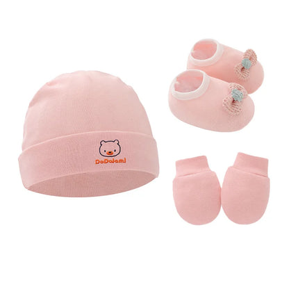 New Newborn Baby Cotton Beanies Hospital Hat Mittens Shoes Sets Solid Stretchy Infant Warm Cap Gloves 0-1 Years Old
